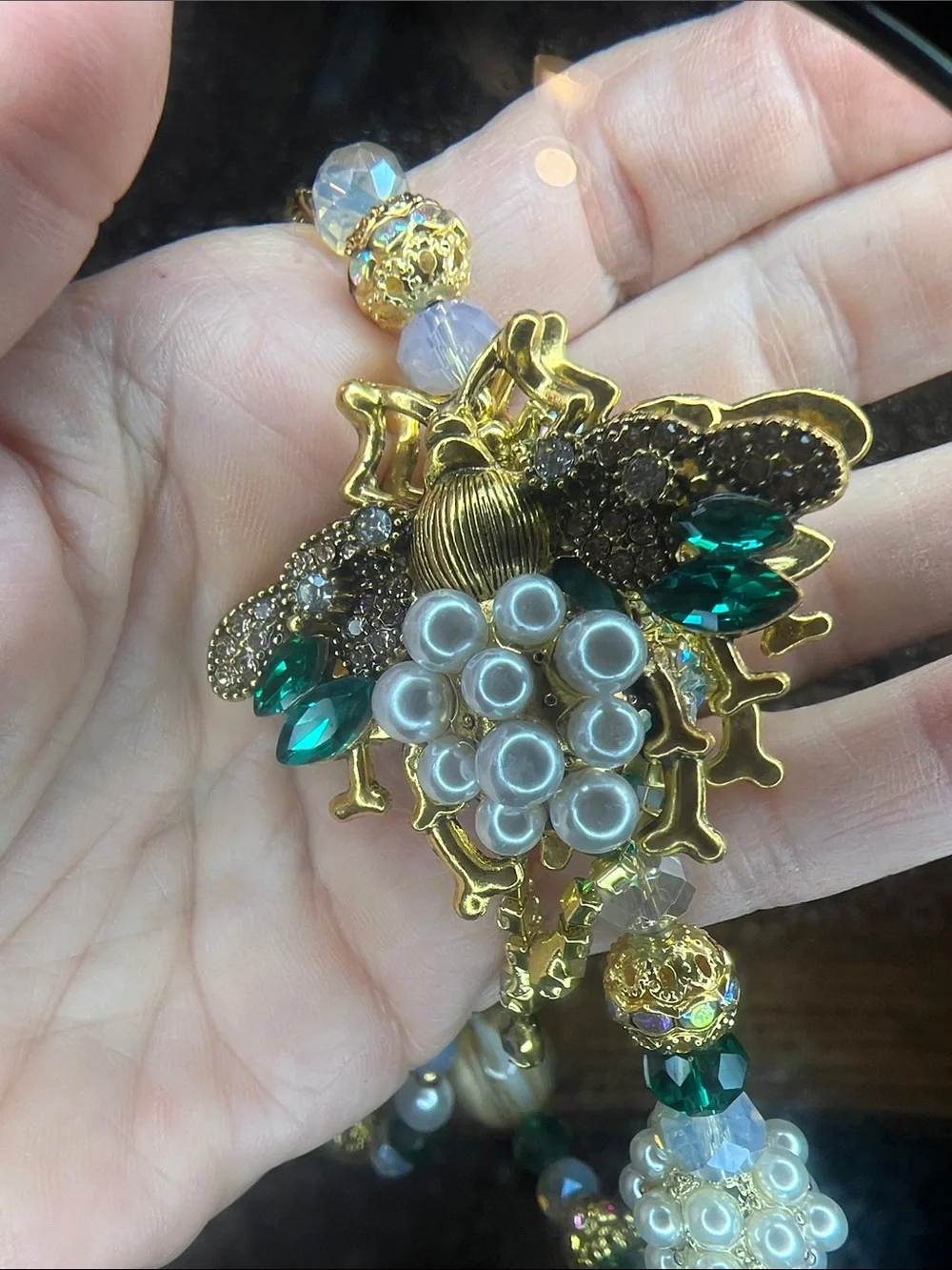 Phone Wristlet with Decorative Beaded Pearl Bee and Multicolored Strap
